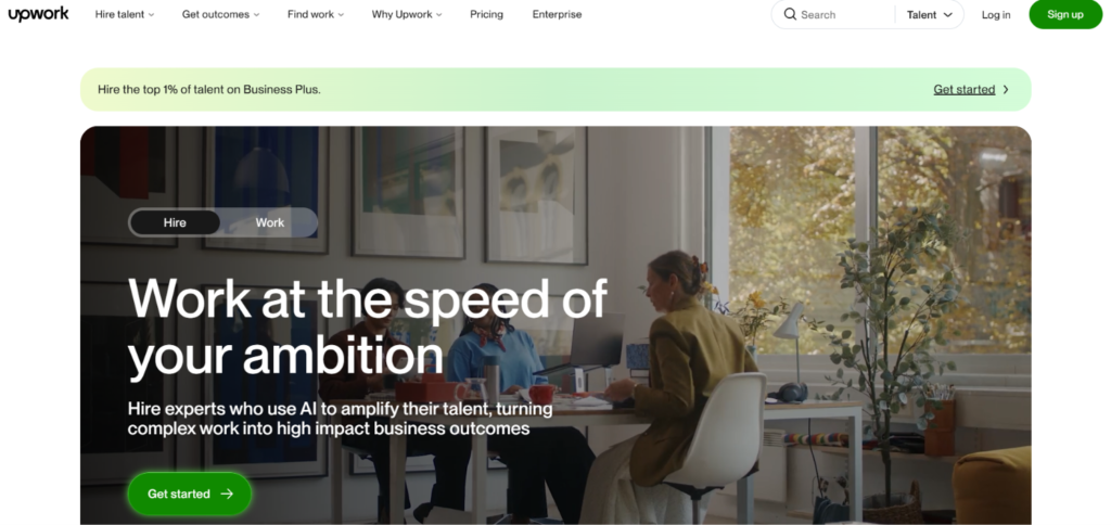 Upwork homepage featuring freelance jobs, talent hiring options, platform services, and Upwork promo code offers.